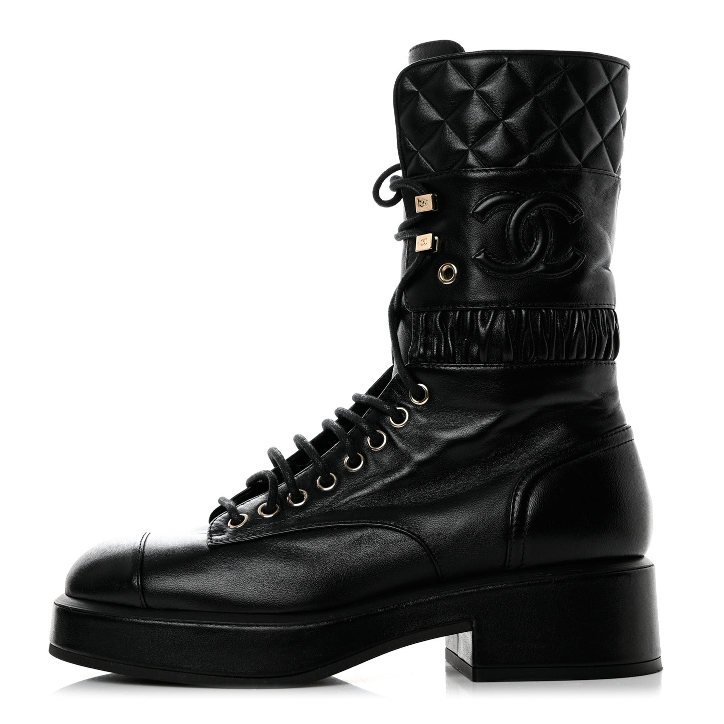 Lambskin Quilted Lace Up Combat Boots 36.5 Black
