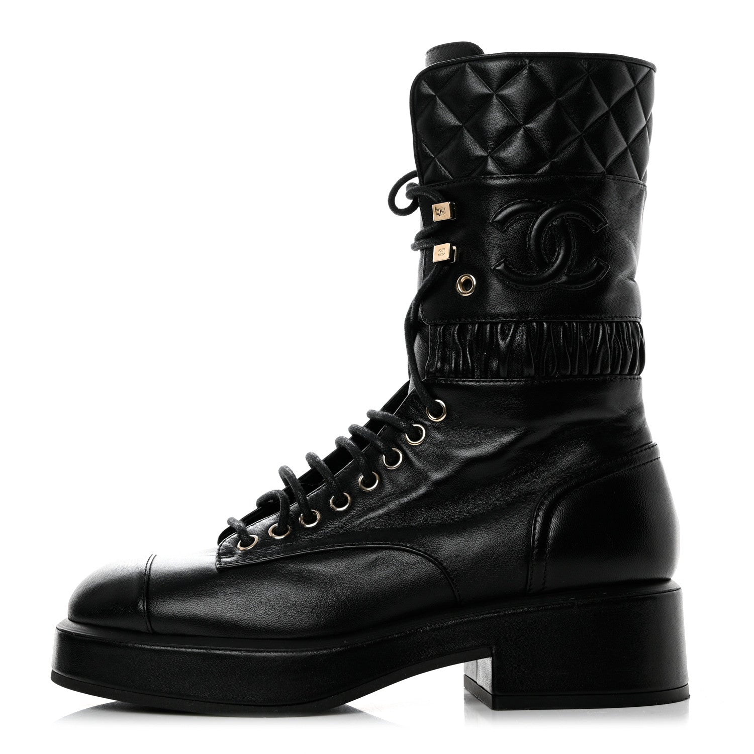 Chanel Lambskin Quilted Lace Up Combat Boots 36.5 Black 1 of 10