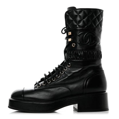 Chanel Lambskin Quilted Lace Up Combat Boots 36.5 Black 1 of 10