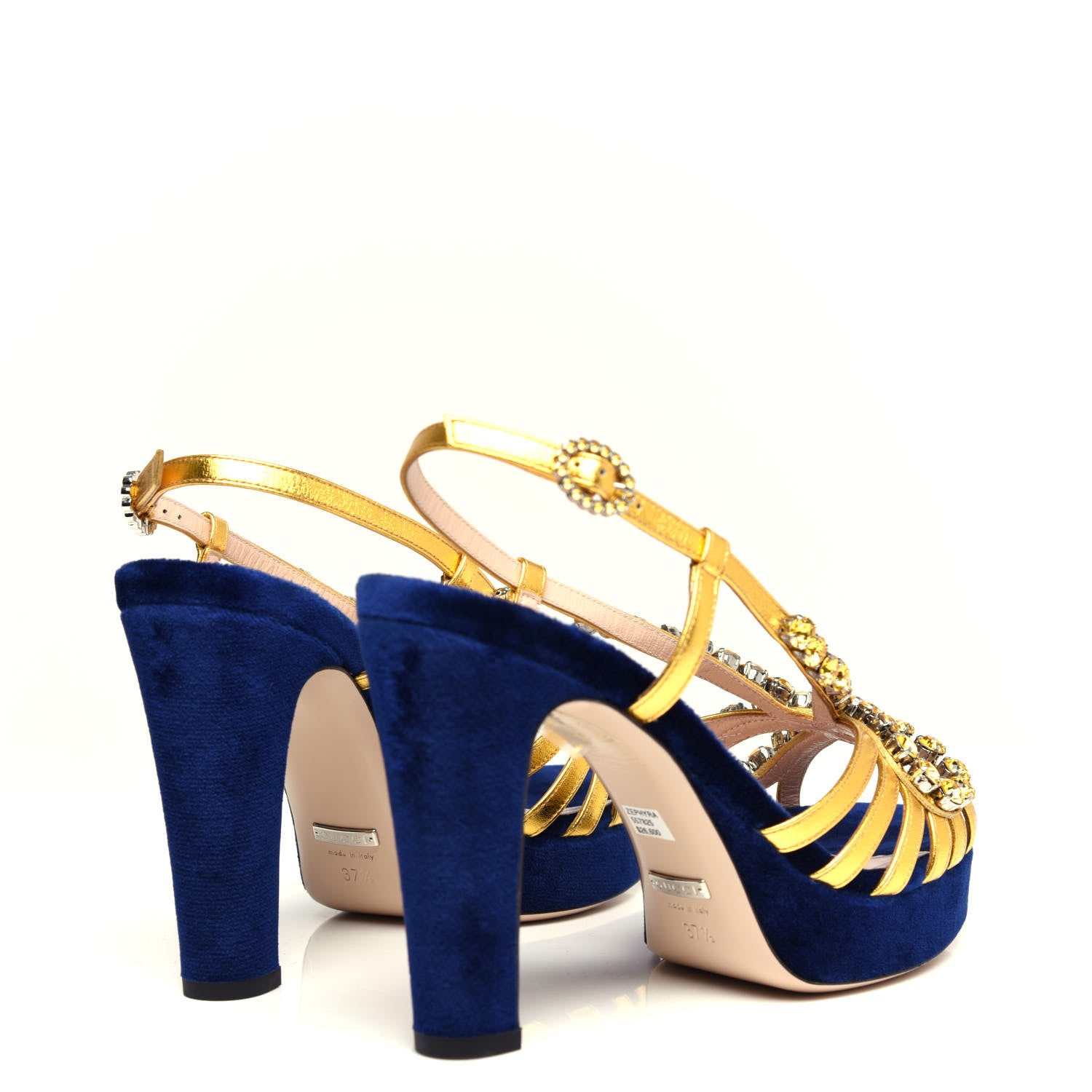 Gucci Velvet Nappa Crystal Zephyra Slingback Platform High Heel Sandals 37.5 Blue Gold 4 of 10