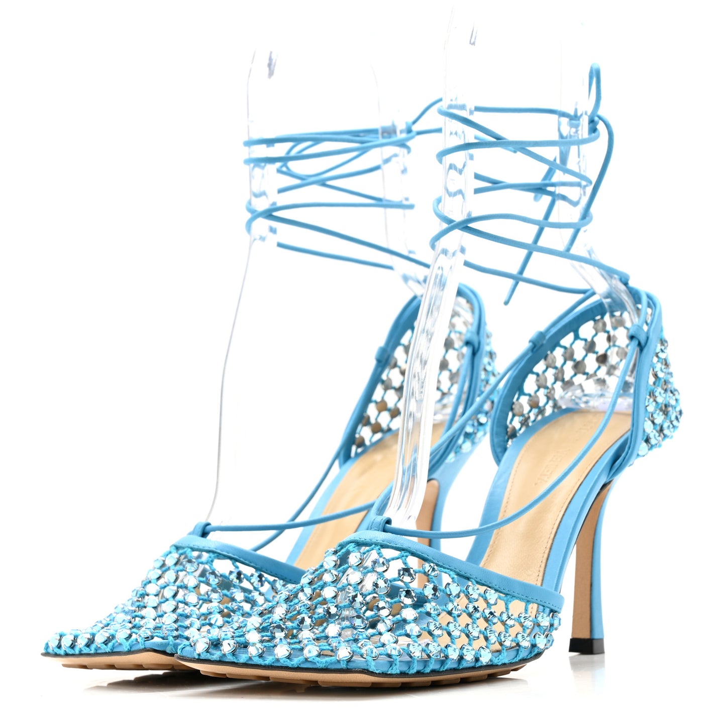 Mesh Nappa Crystal Embellished Sparkle Stretch Ankle Tie 90mm Sandals 39 Pool