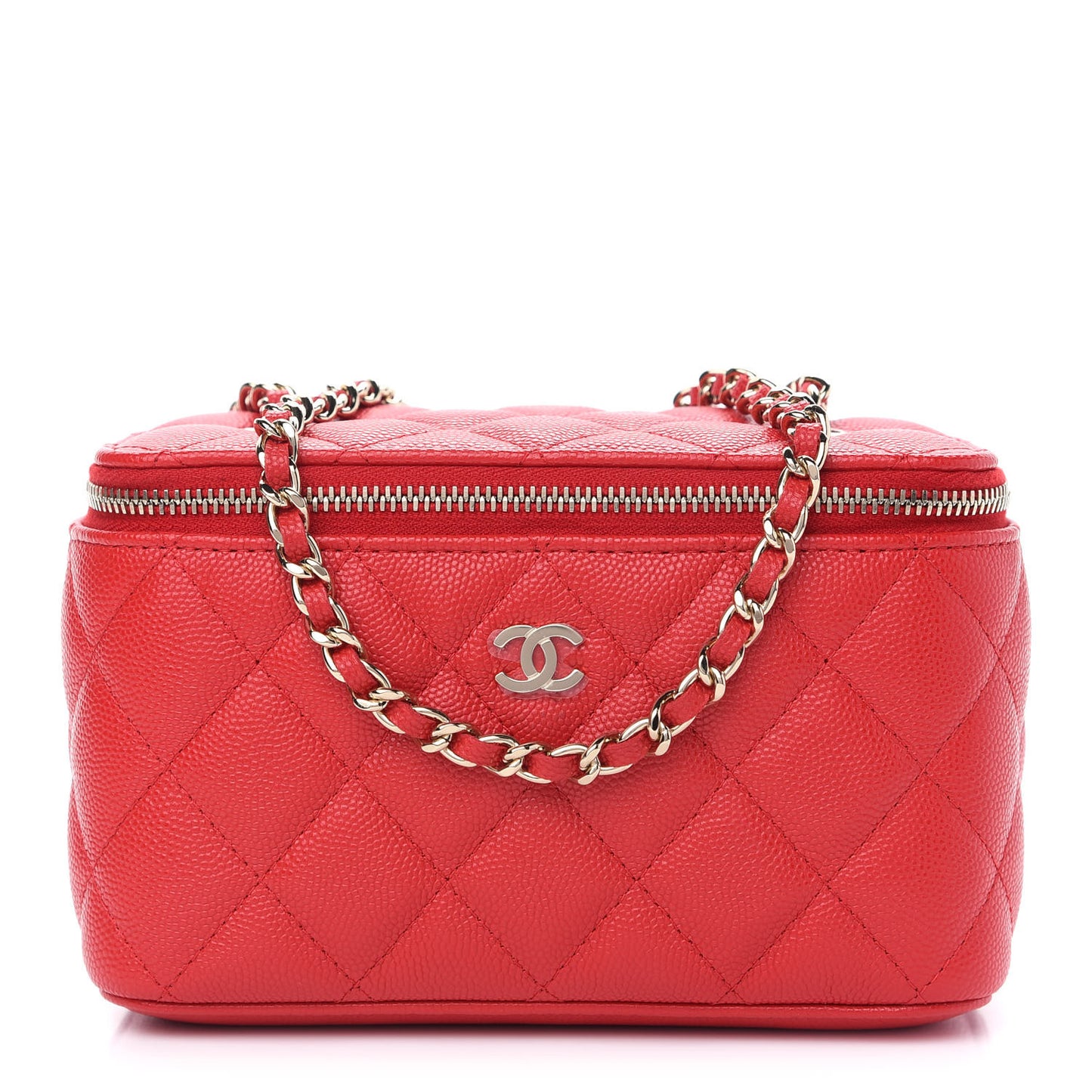 Caviar Quilted Small Vanity Case With Chain Red