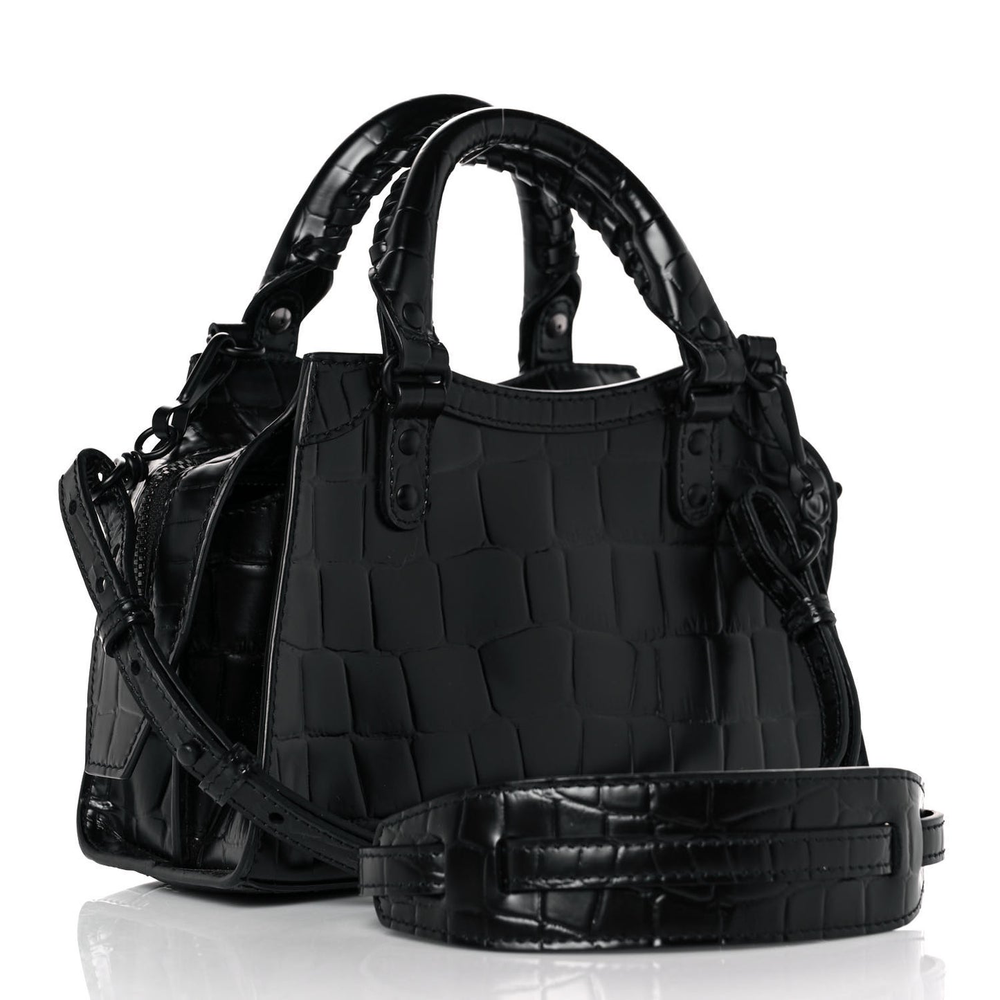 Semi Shiny Calfskin Crocodile Embossed Neo Classic Black Hardware Mini City Black