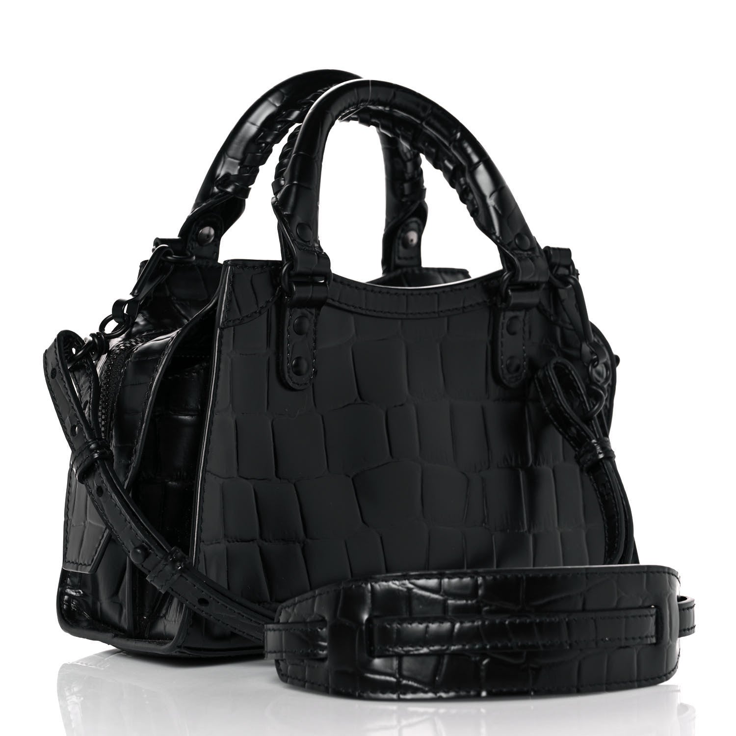 Balenciaga Semi Shiny Calfskin Crocodile Embossed Neo Classic Black Hardware Mini City Black 3 of 8