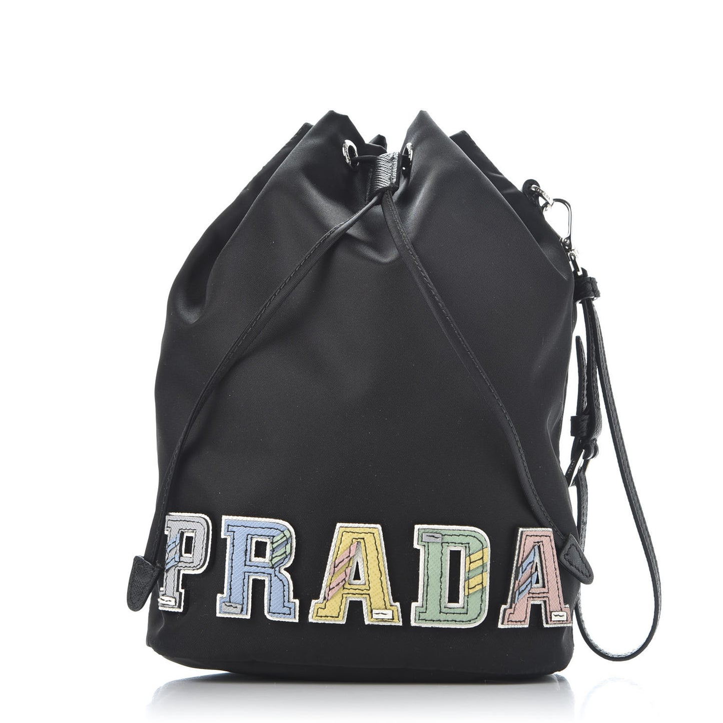Saffiano Tessuto Nylon Vela Lettering Bucket Wristlet Black