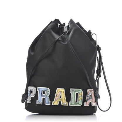 Prada Saffiano Tessuto Nylon Vela Lettering Bucket Wristlet Black 1 of 9
