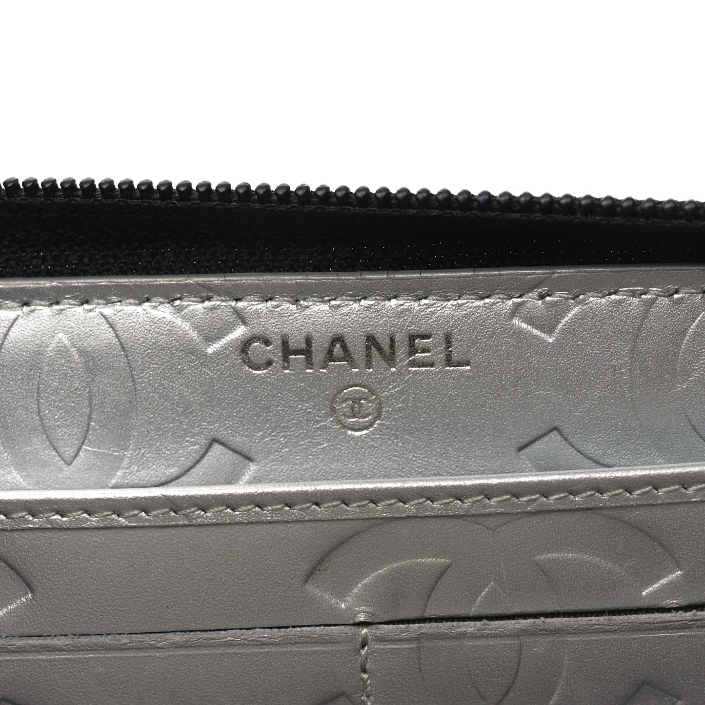 Calfskin Quilted Cambon Large Gusset Zip Around Wallet Black Silver