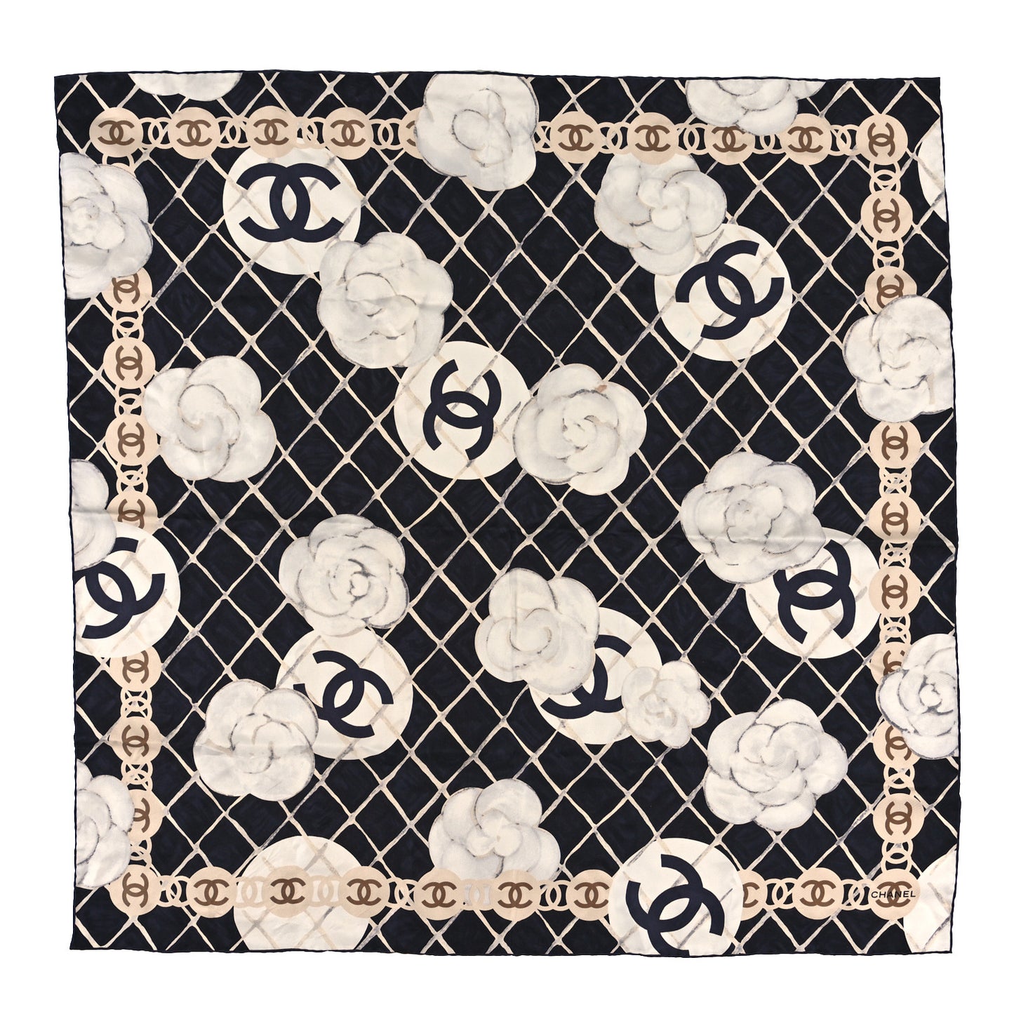 Silk Camellia CC Square Scarf Black