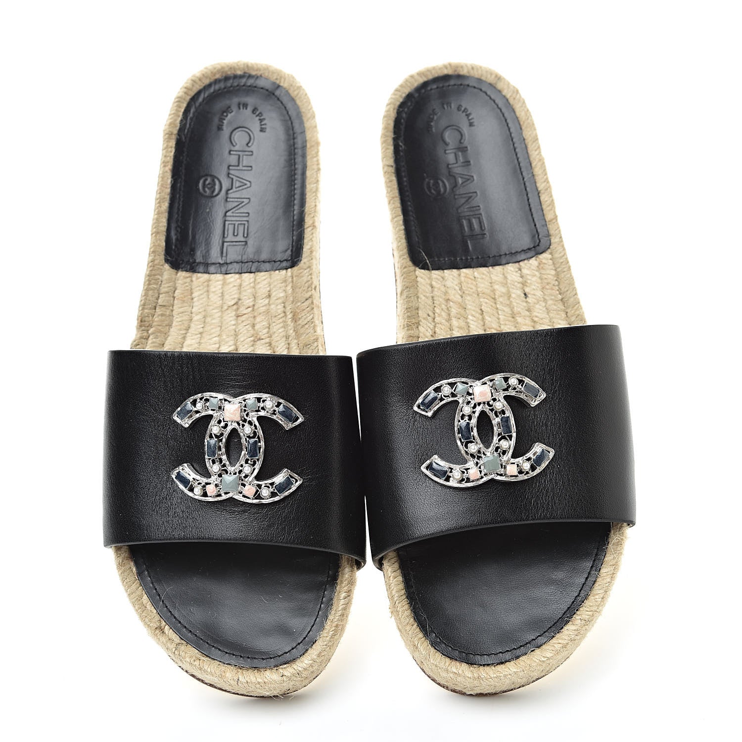 Chanel Calfskin Gripoix CC Espadrille Slip On Sandals 37.5 Black 5 of 11