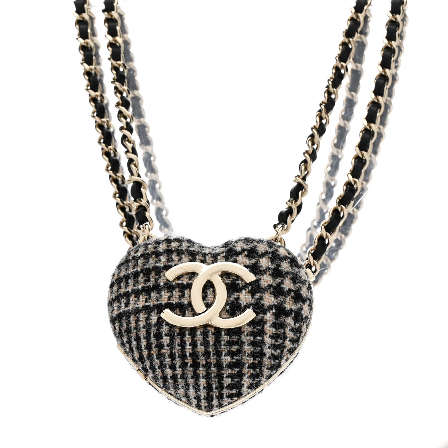 Tweed Lambskin CC Heart Locket Necklace Gold Black Beige