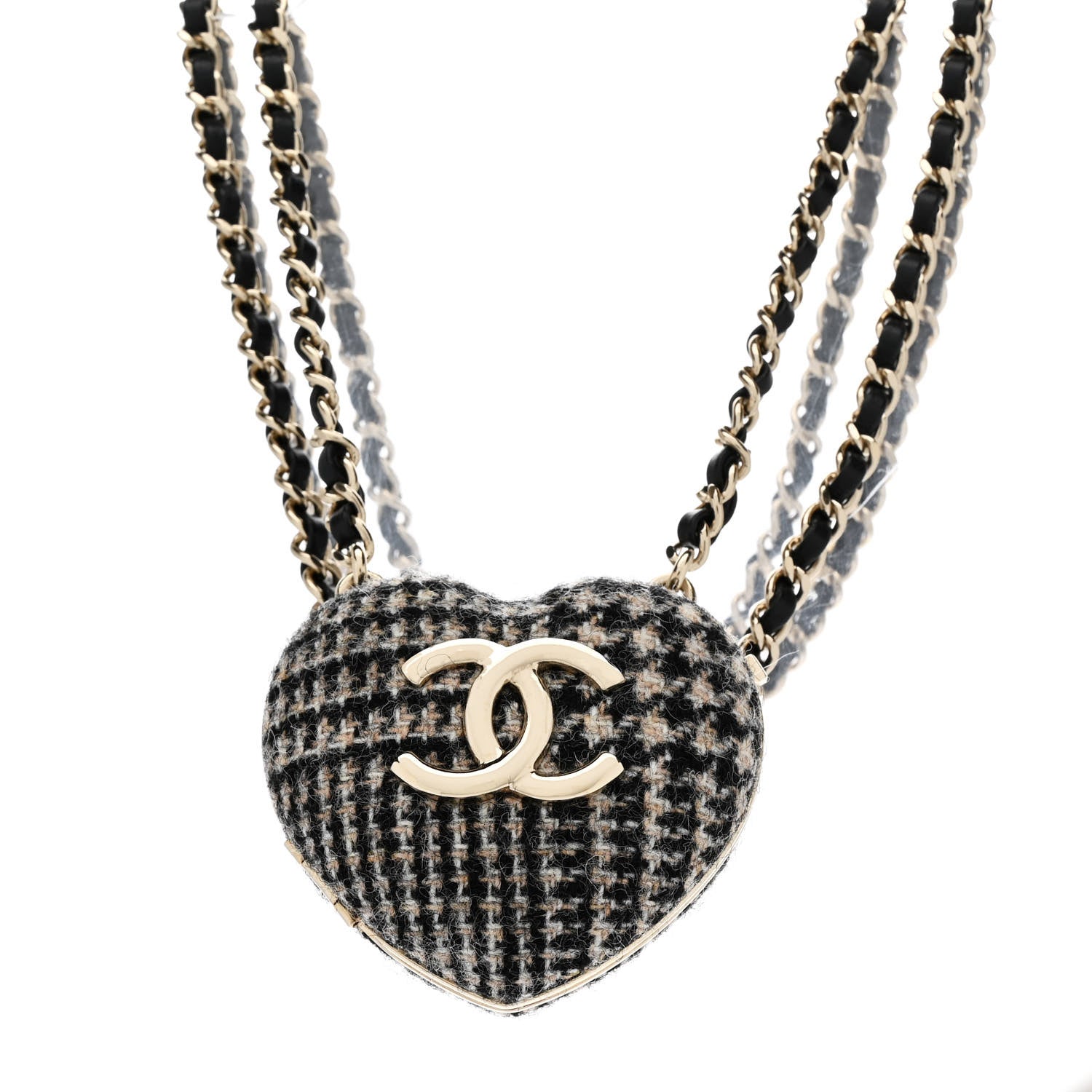 Chanel Tweed Lambskin CC Heart Locket Necklace Gold Black Beige 1 of 7