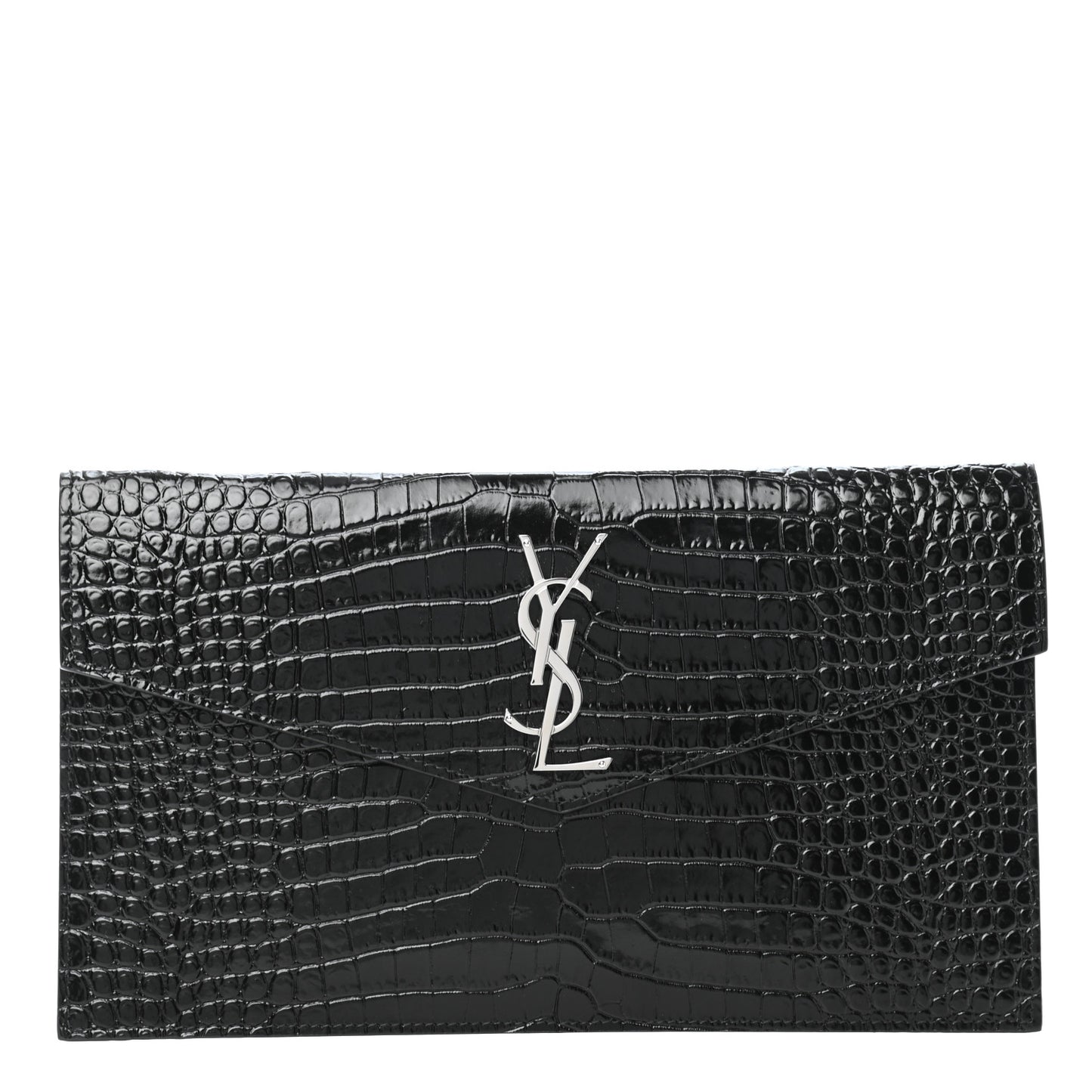 Calfskin Crocodile Embossed Uptown Monogram Clutch Black