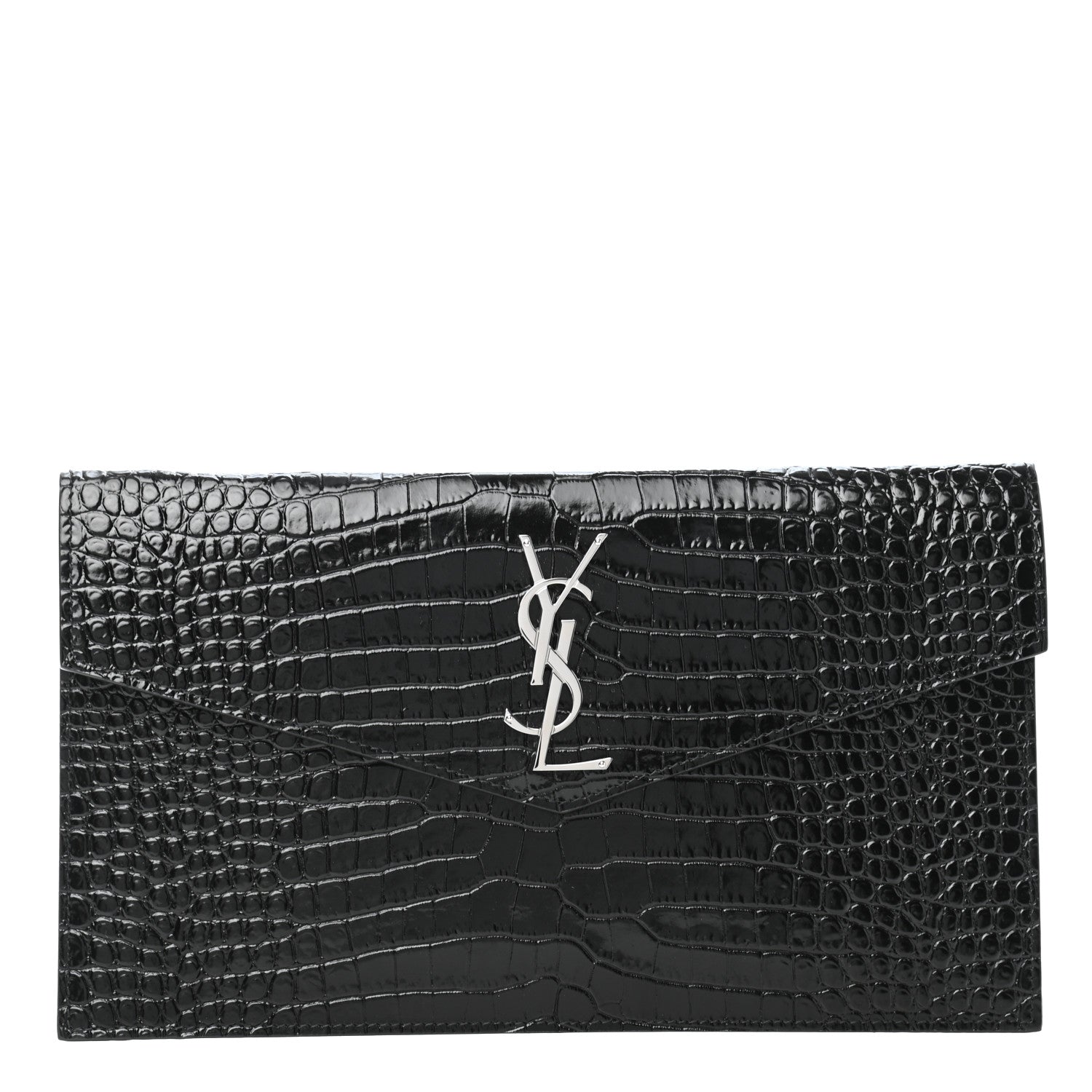Saint Laurent Calfskin Crocodile Embossed Uptown Monogram Clutch Black 1 of 7