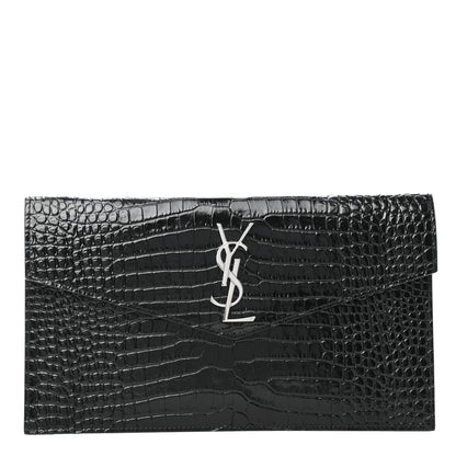 Saint Laurent Calfskin Crocodile Embossed Uptown Monogram Clutch Black 1 of 7