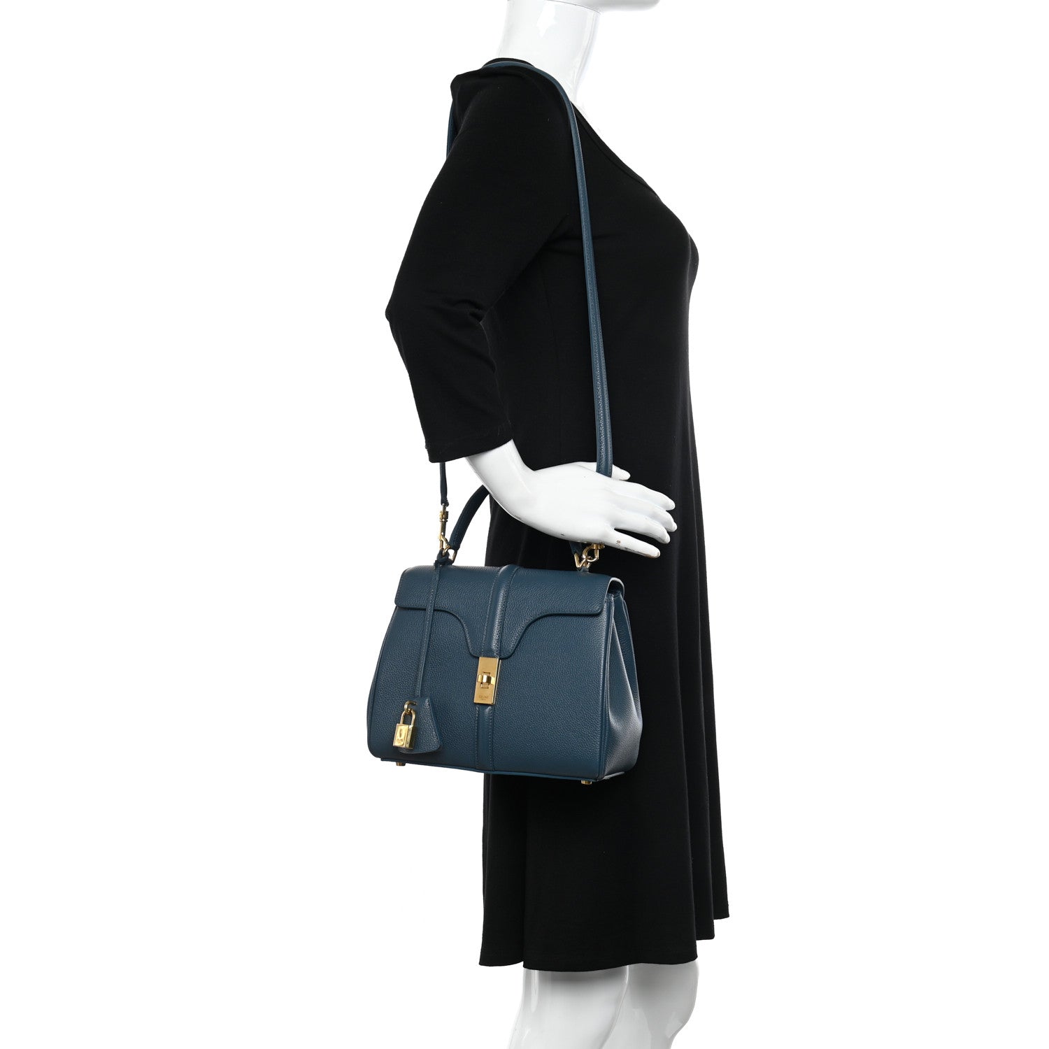 Celine Grained Calfskin Small 16 Top Handle Bag Petrol 2 of 14