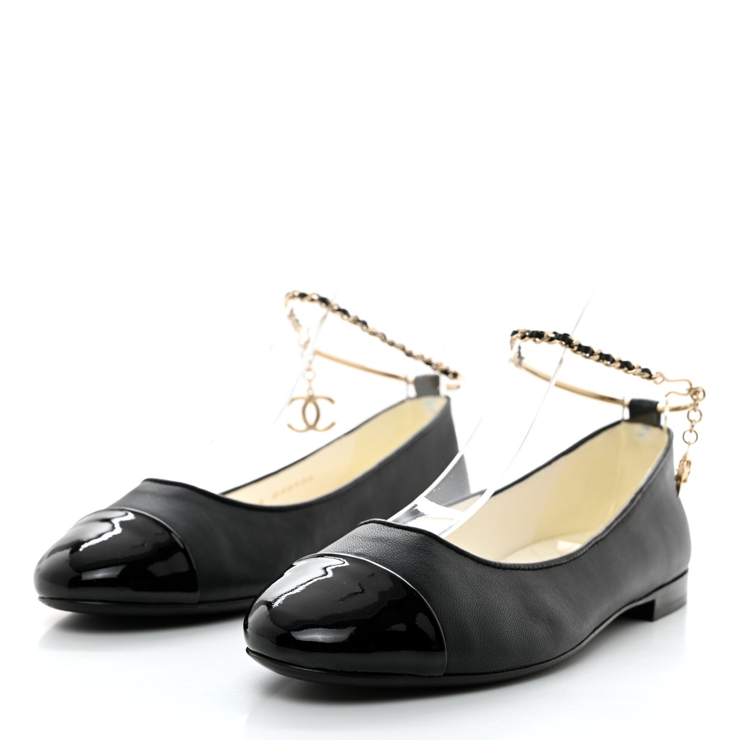 Lambskin Patent Calfskin Cap Toe Ankle Chain Ballerina Flats 37 Black