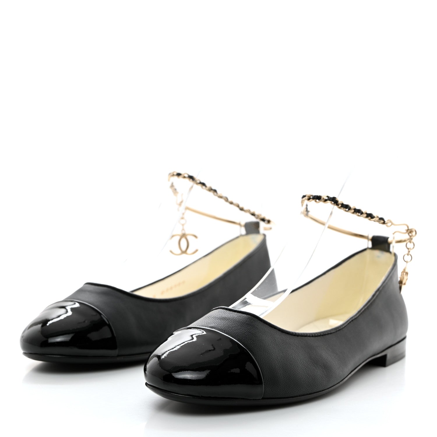 Chanel Lambskin Patent Calfskin Cap Toe Ankle Chain Ballerina Flats 37 Black 3 of 9