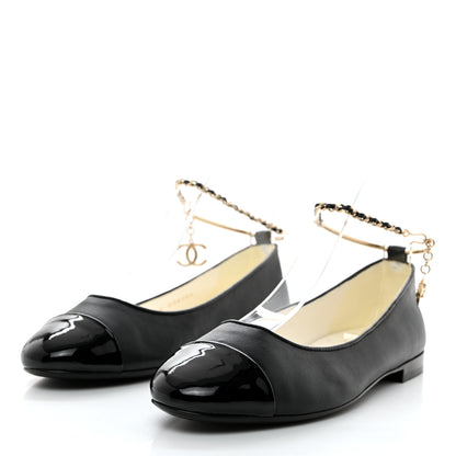 Chanel Lambskin Patent Calfskin Cap Toe Ankle Chain Ballerina Flats 37 Black 3 of 9