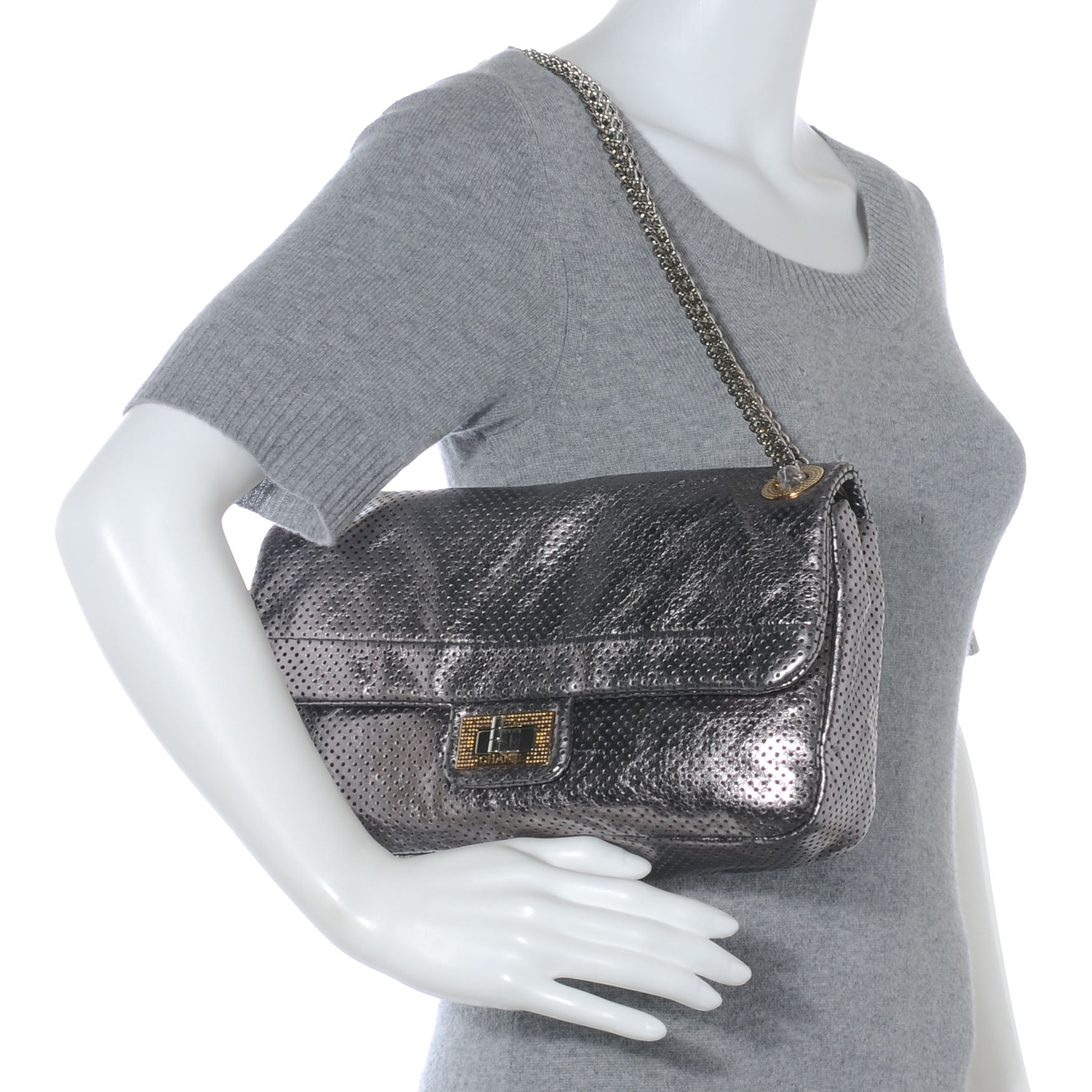 Chanel Metallic Crackled Calfskin Perforated Drill Flap Silver 2 of 7