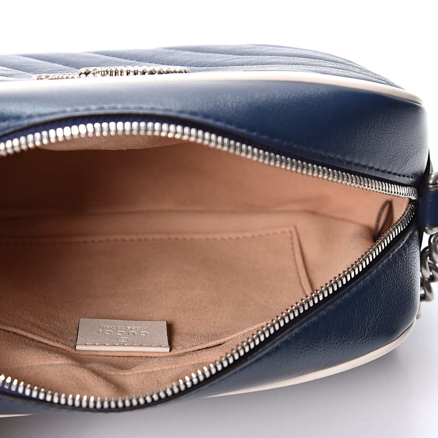 Vintage Effect Calfskin Matelasse Diagonal Small Torchon GG Marmont Chain Shoulder Bag Blue Agata Mystic White