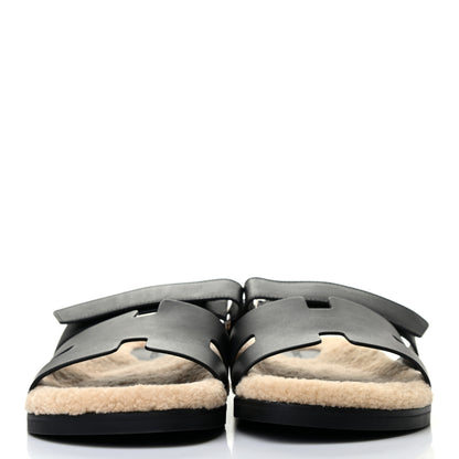 Hermes Veau Indios Woolskin Mens Chypre Sandals 43 Black Ecru 2 of 8