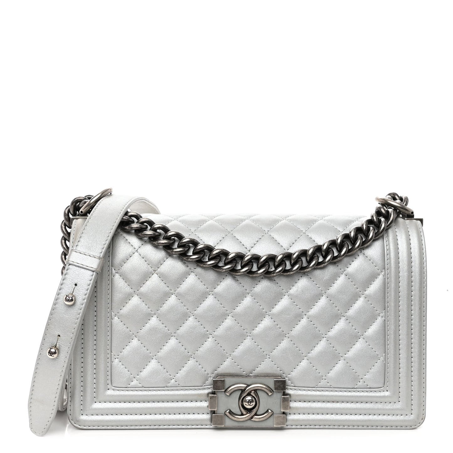 Metallic Lambskin Quilted Medium Boy Flap Silver