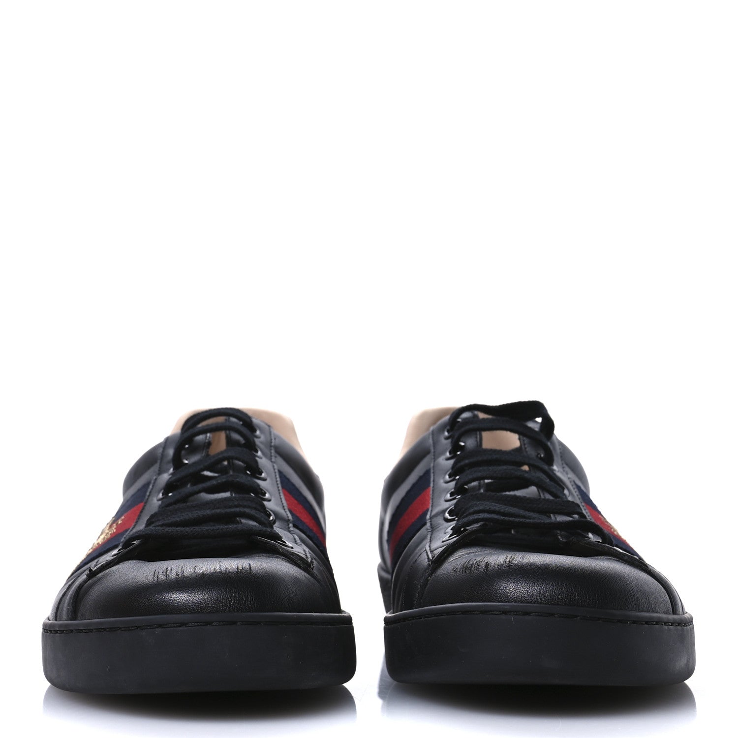 Gucci Miro Soft Calfskin Laminated Ayers Web Bee Embroidered Mens Ace Sneakers 9.5 Black Red Flame Night 3 of 9