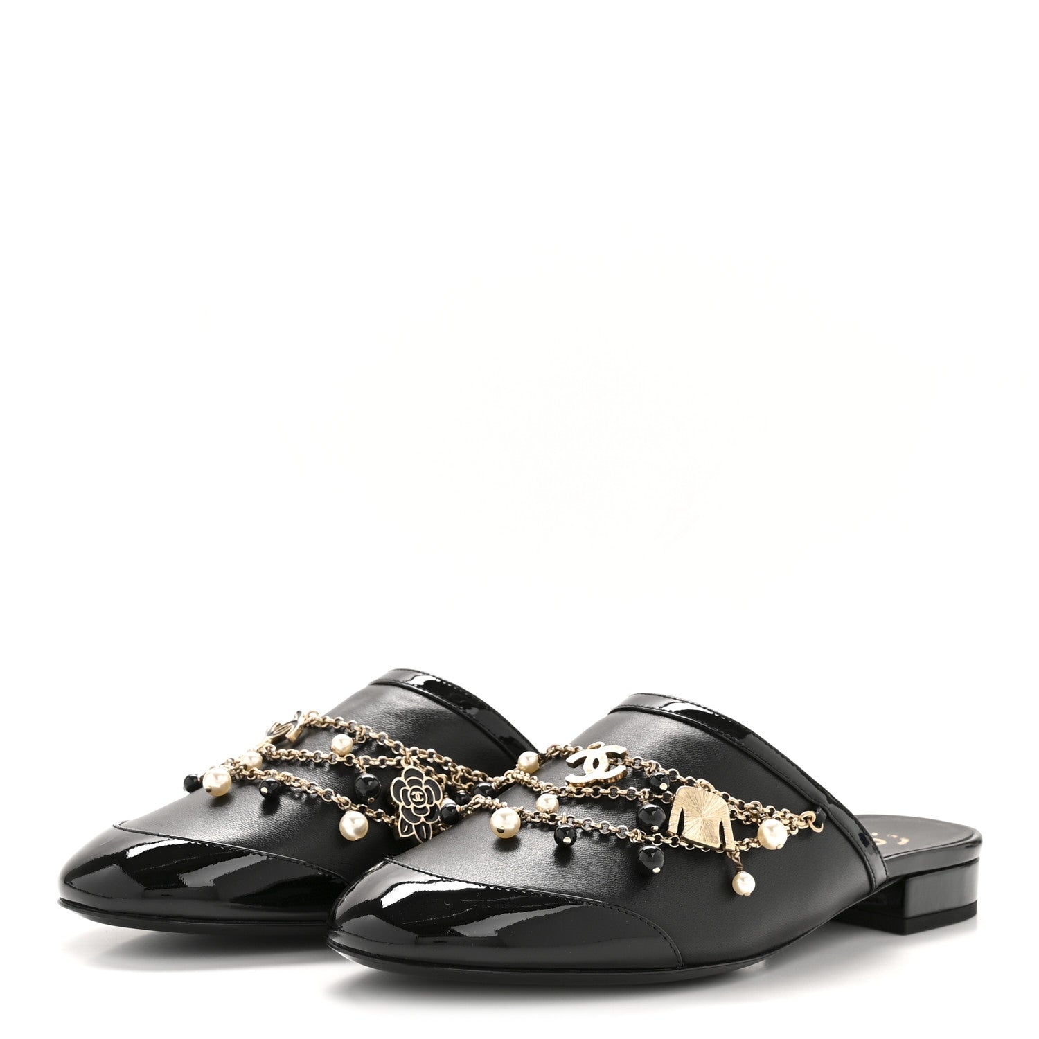 Chanel Lambskin Patent Pearl Chain Charm CC Mules 37 Black 4 of 10