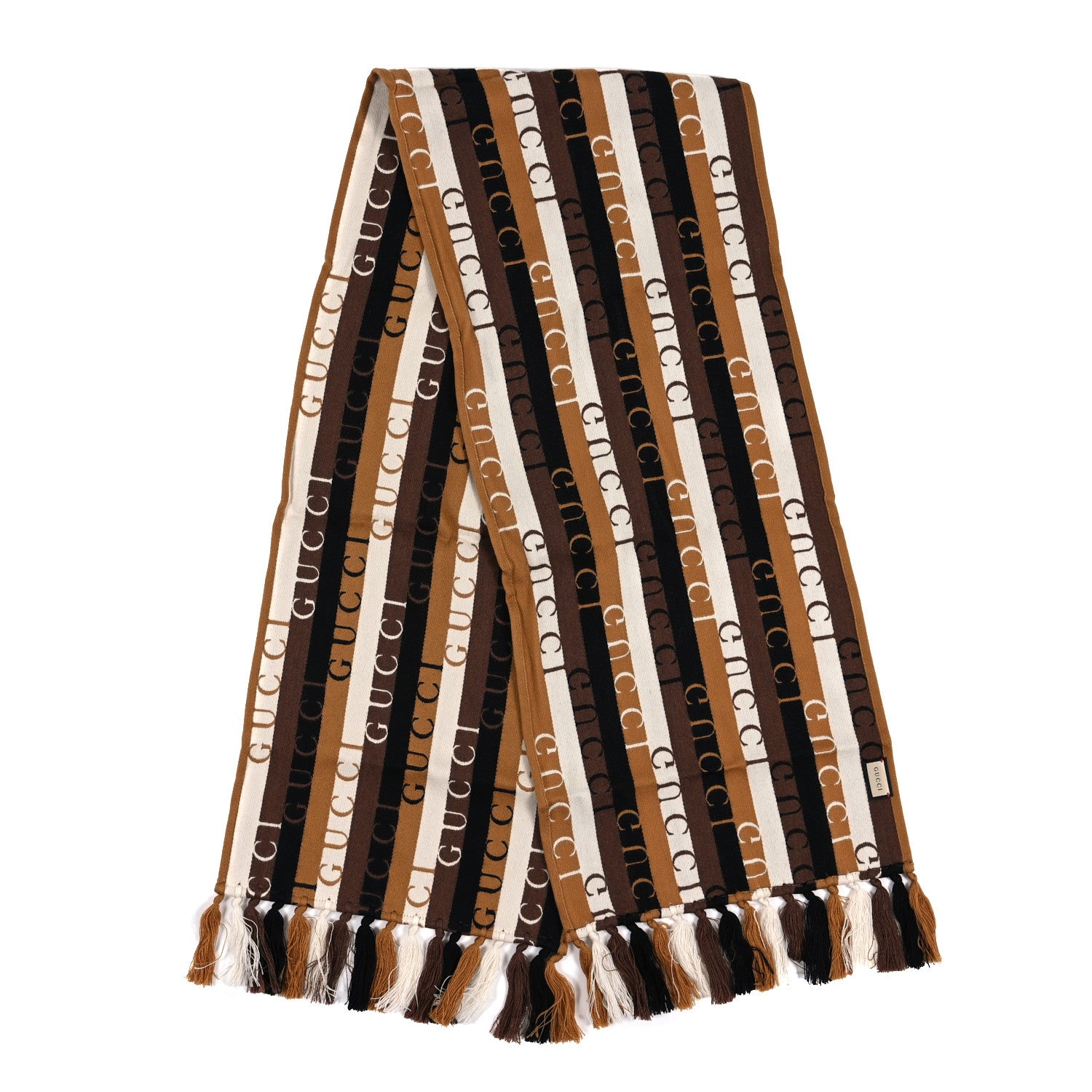 Gucci Wool Cotton Logo Wood Stripes Scarf Light Brown Dark Brown 2 of 3