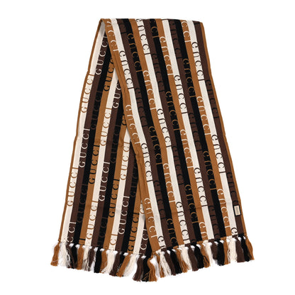 Gucci Wool Cotton Logo Wood Stripes Scarf Light Brown Dark Brown 2 of 3