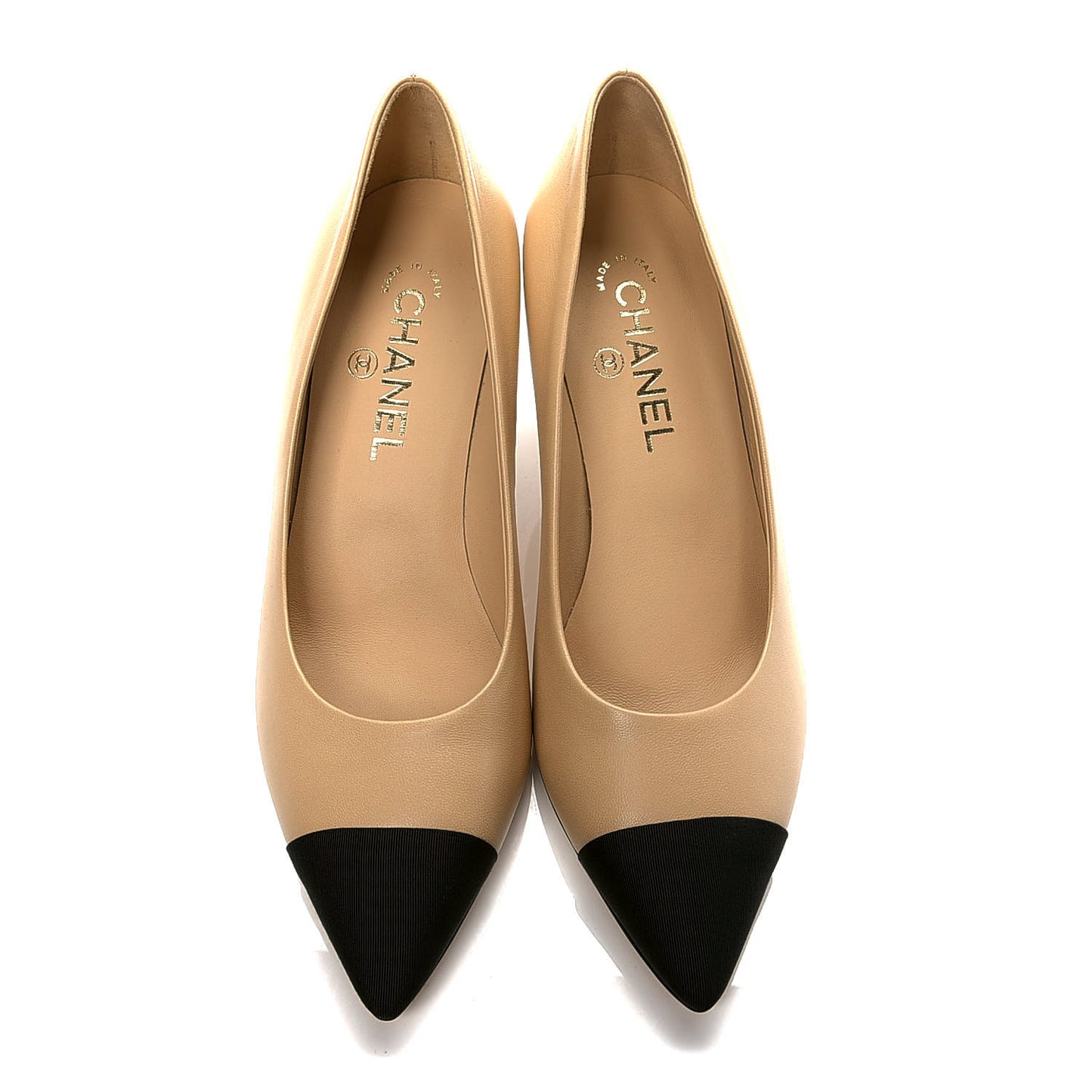 Lambskin Grosgrain Cap Toe CC Pumps 39 Beige Black