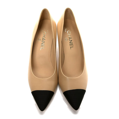 Chanel Lambskin Grosgrain Cap Toe CC Pumps 39 Beige Black 2 of 7