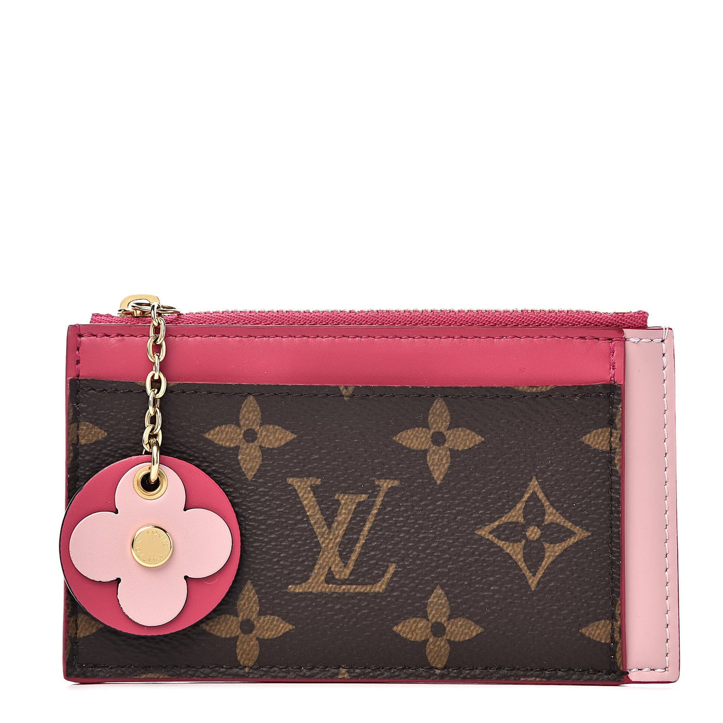 Monogram Blooming Flowers Zipped Card Holder Hot Pink Rose Ballerine