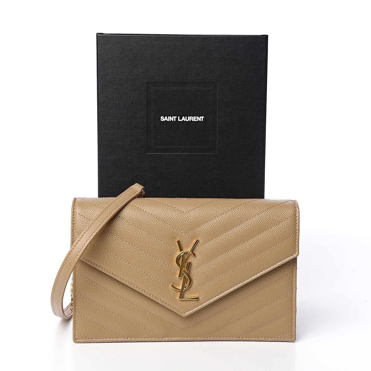 Saint Laurent Grain De Poudre Matelasse Chevron Monogram Envelope Chain Wallet Taupe 10 of 10