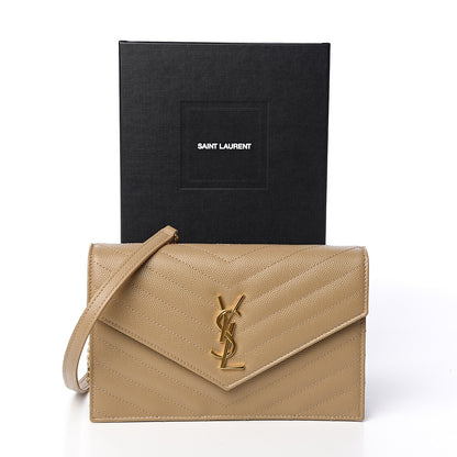 Saint Laurent Grain De Poudre Matelasse Chevron Monogram Envelope Chain Wallet Taupe 10 of 10