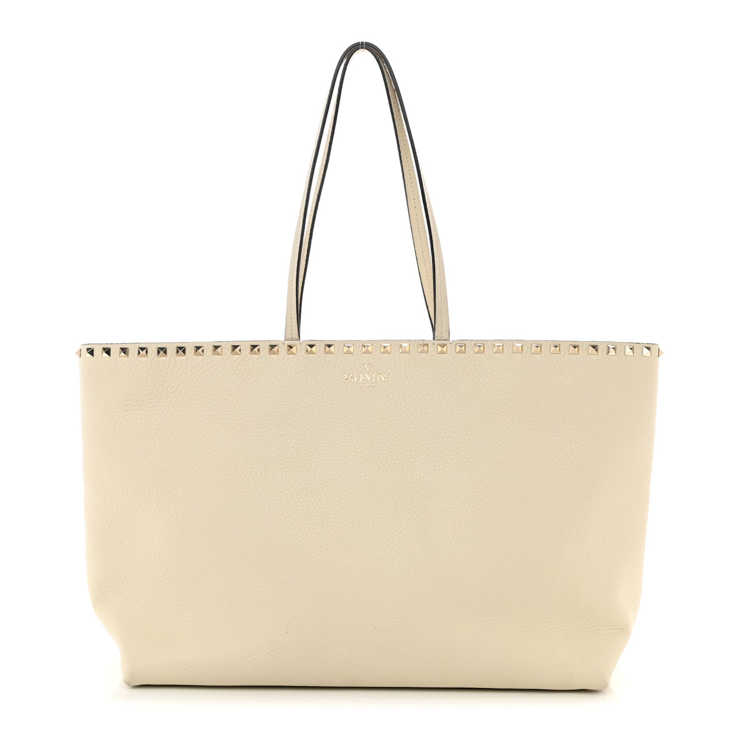 Grained Calfskin Rockstud Shoulder Tote Light Ivory