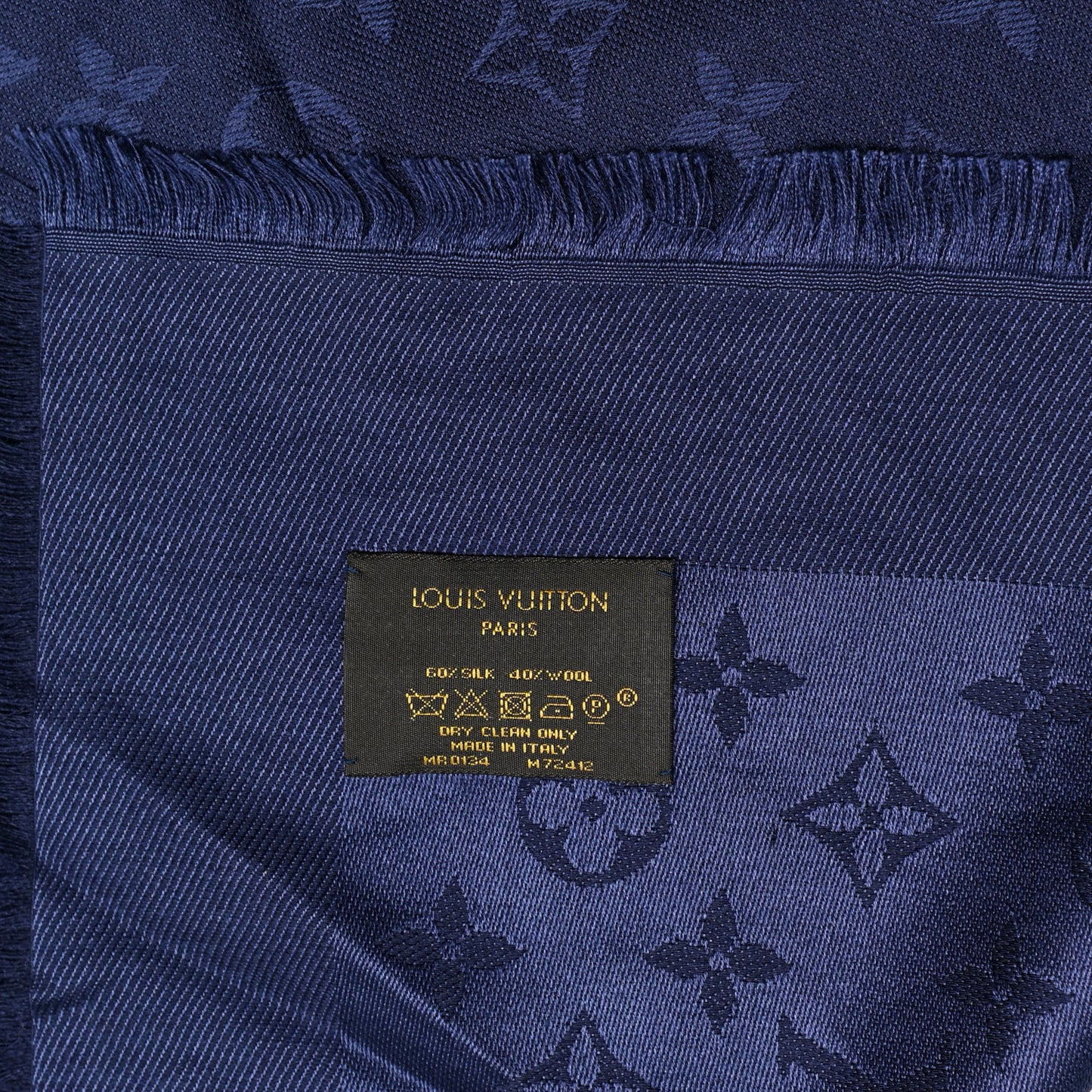 Silk Wool Monogram Shawl Night Blue