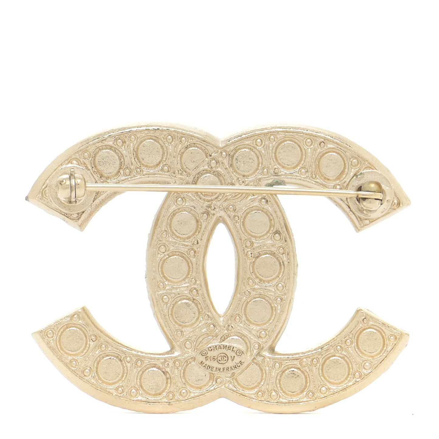 Metal Crystal Graduated Pearl CC Brooch Gold