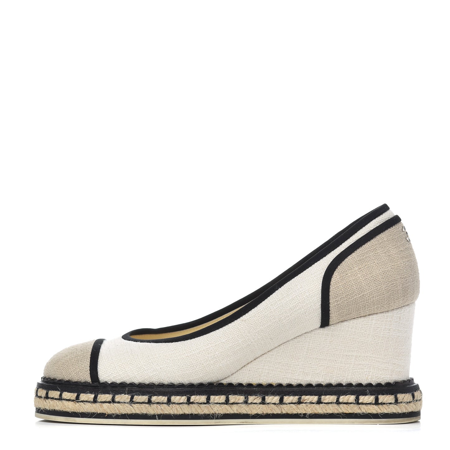 Toile Cap Toe Espadrille Wedges 36.5 Beige Black