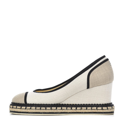 Chanel Toile Cap Toe Espadrille Wedges 36.5 Beige Black 1 of 17