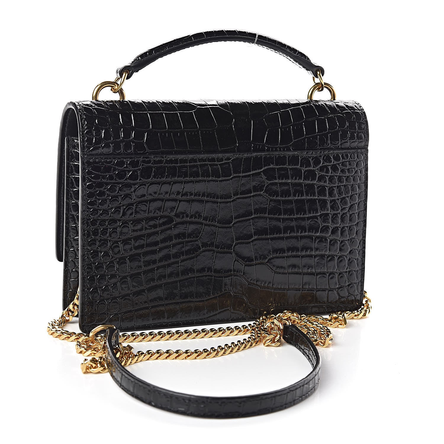 Saint Laurent Calfskin Crocodile Embossed Monogram Sunset Chain Wallet Black 3 of 9