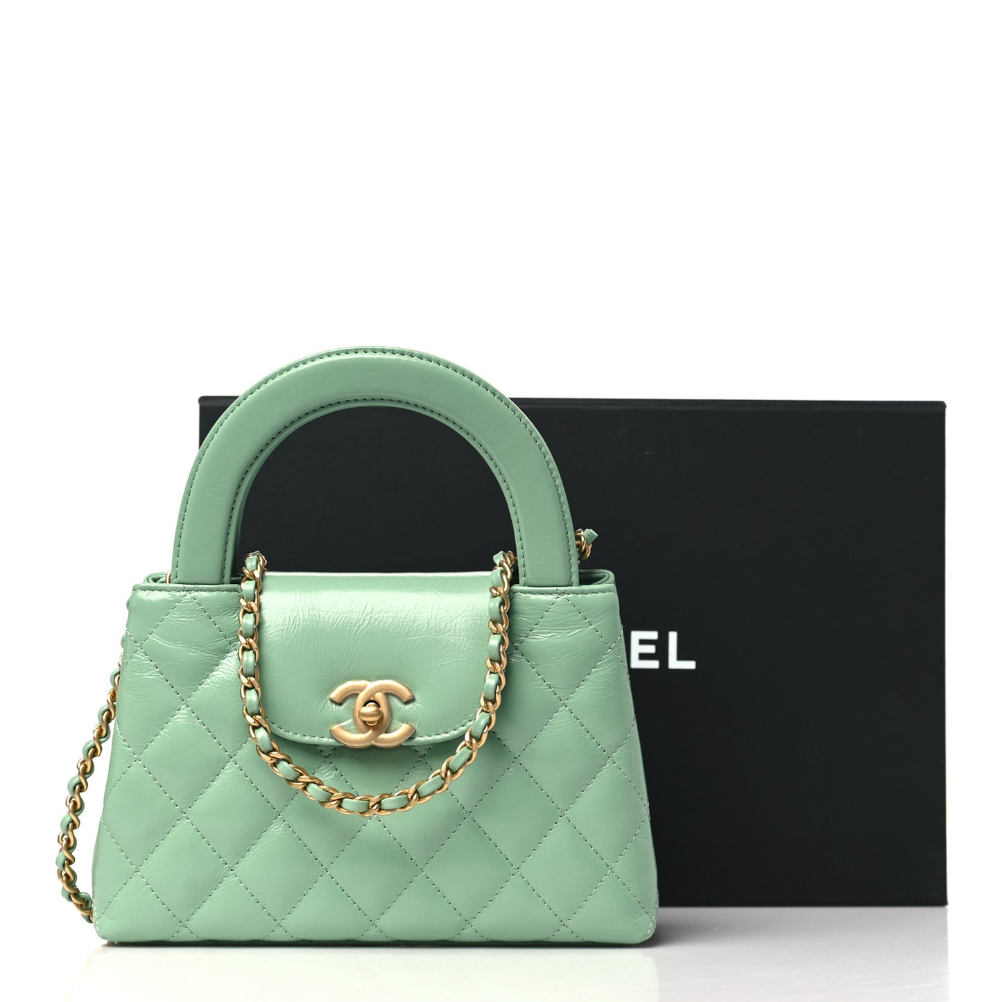 Shiny Aged Calfskin Quilted Nano Kelly Shopper Light Green