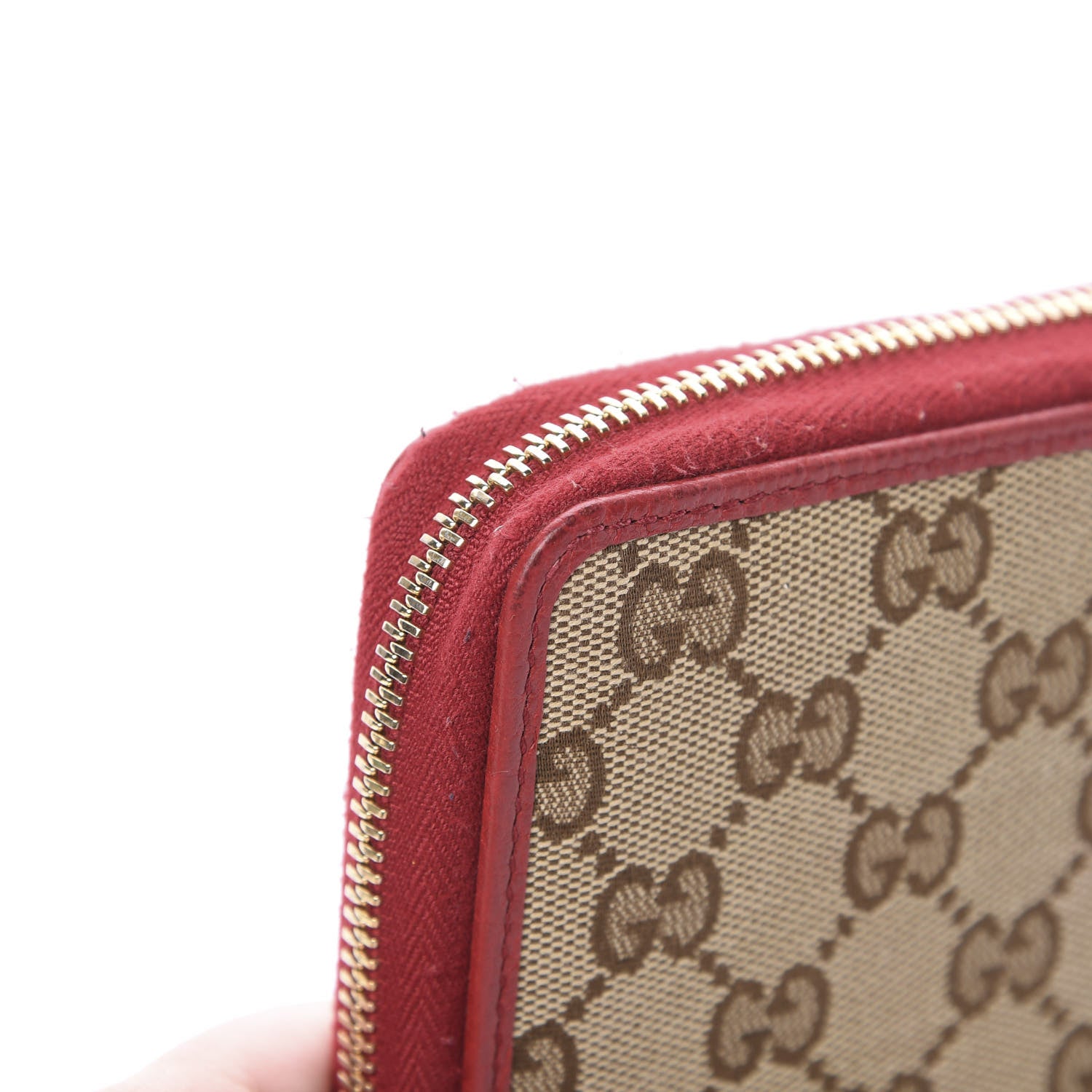 Gucci Monogram Dollar Calfskin Zip Around Compact Wallet Beige Ebony Rosso 10 of 11