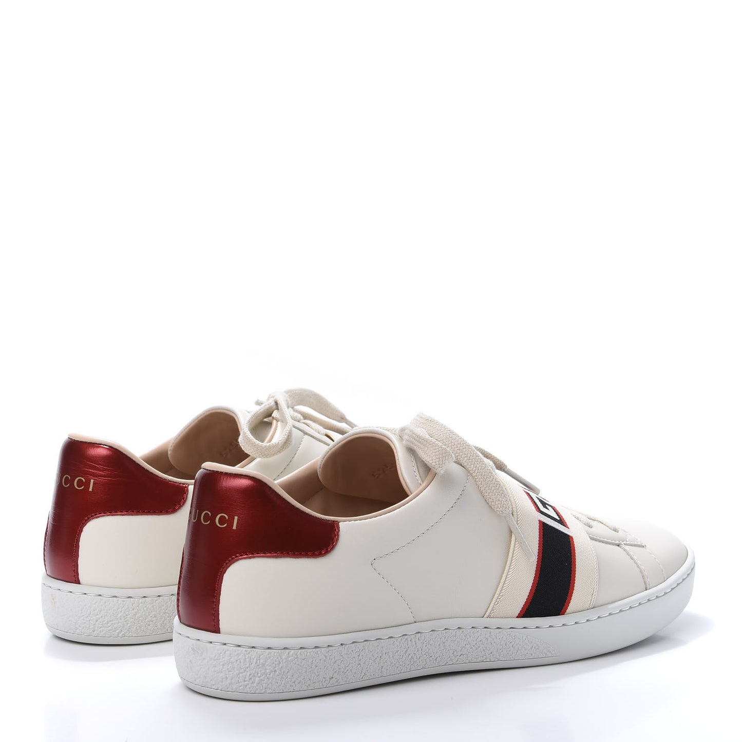 Calfskin Stripe Womens New Ace Sneakers 37.5 New Mystic White Ecru Red Flame