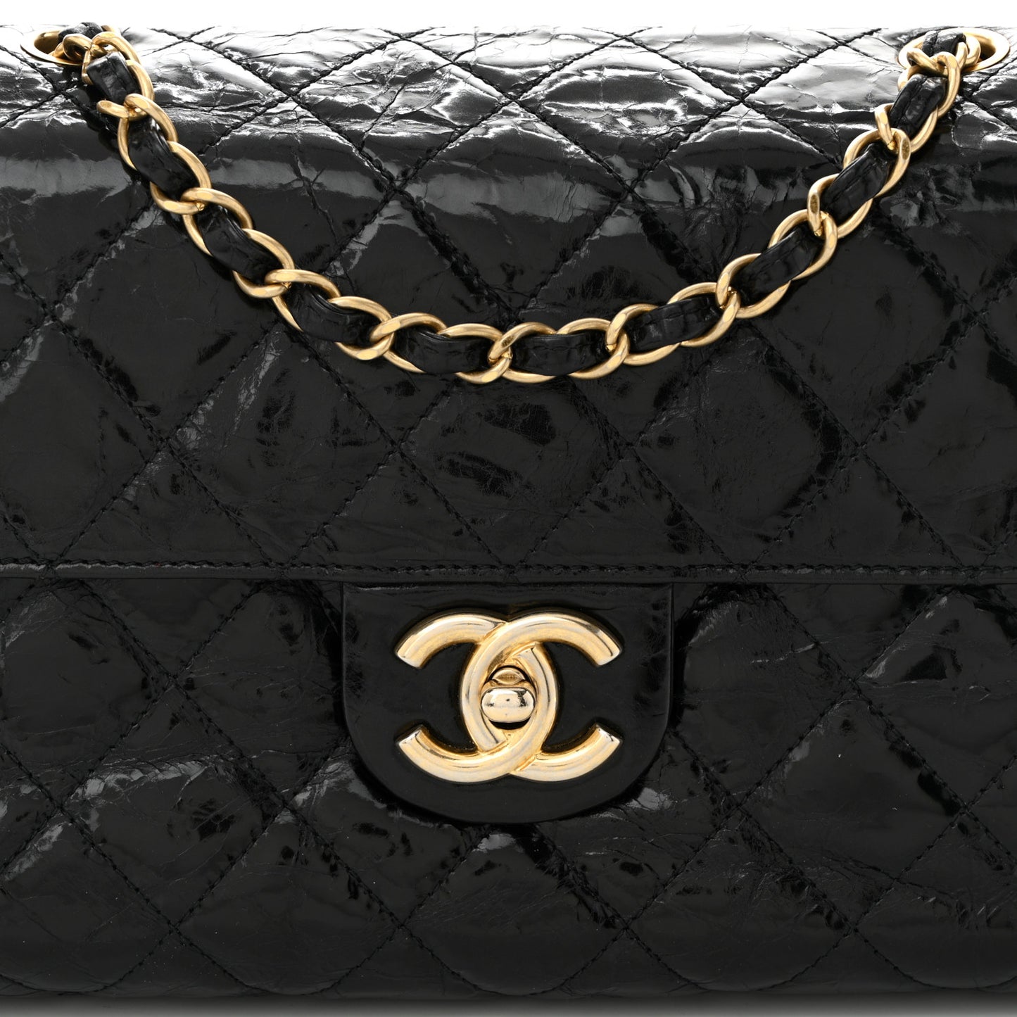 Glazed Crinkled Calfskin Quilted Flap Black