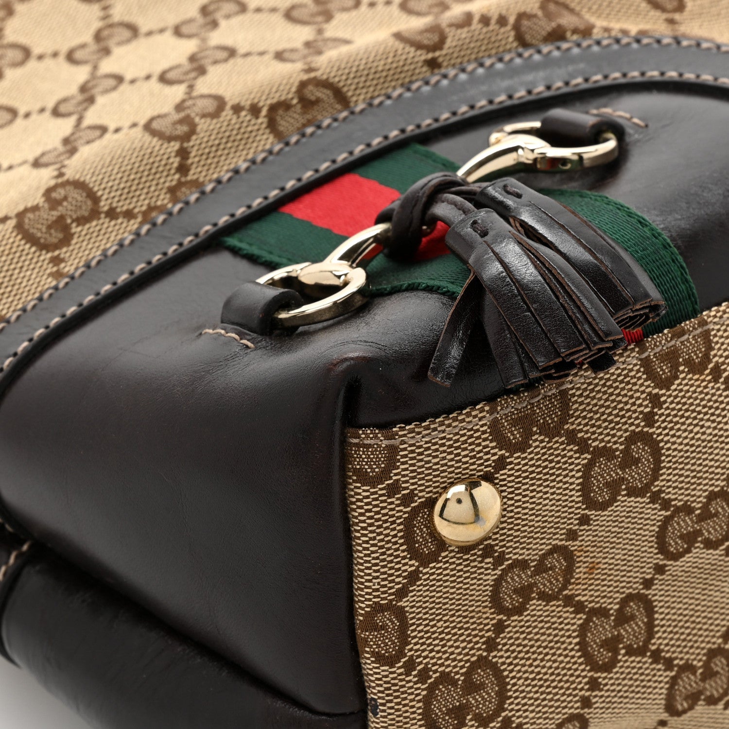 Gucci Monogram Medium Horsebit Tassel Shoulder Bag Dark Beige 10 of 11