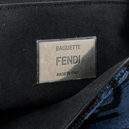 Fendi Chenille Vitello Seta FF Midi Chain Baguette Blue Black 6 of 11
