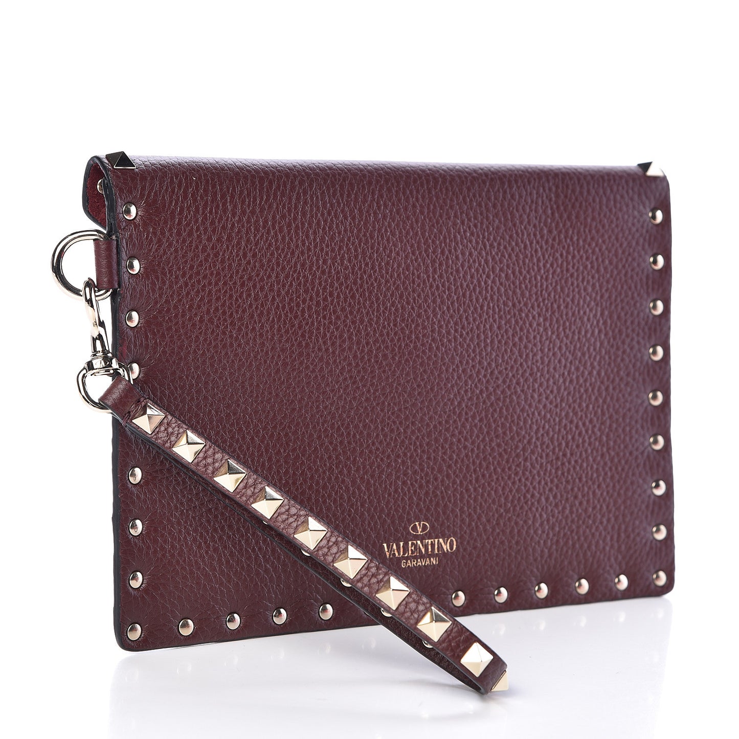 Pebbled Calfskin Medium Rockstud Envelope Flat Wristlet Pouch Rubin