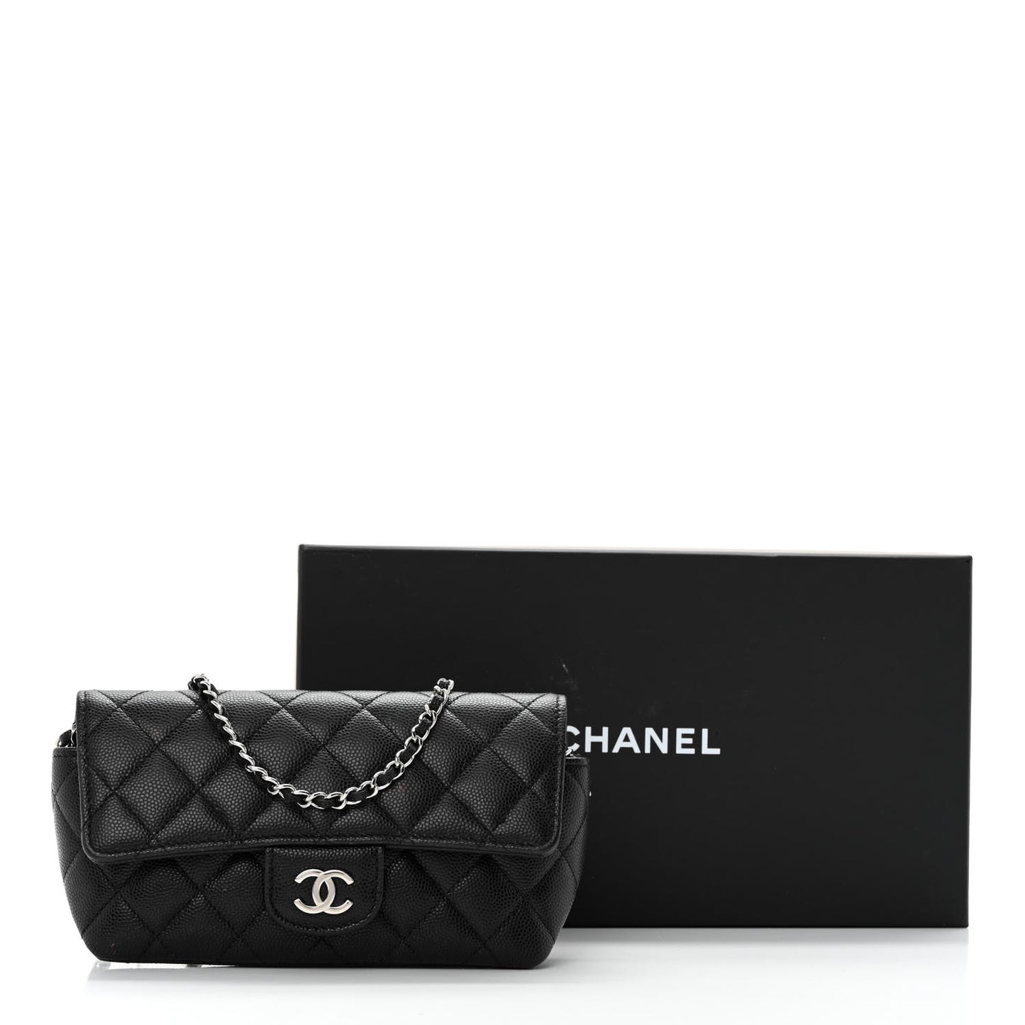 Caviar Quilted Glasses Case With Chain Black