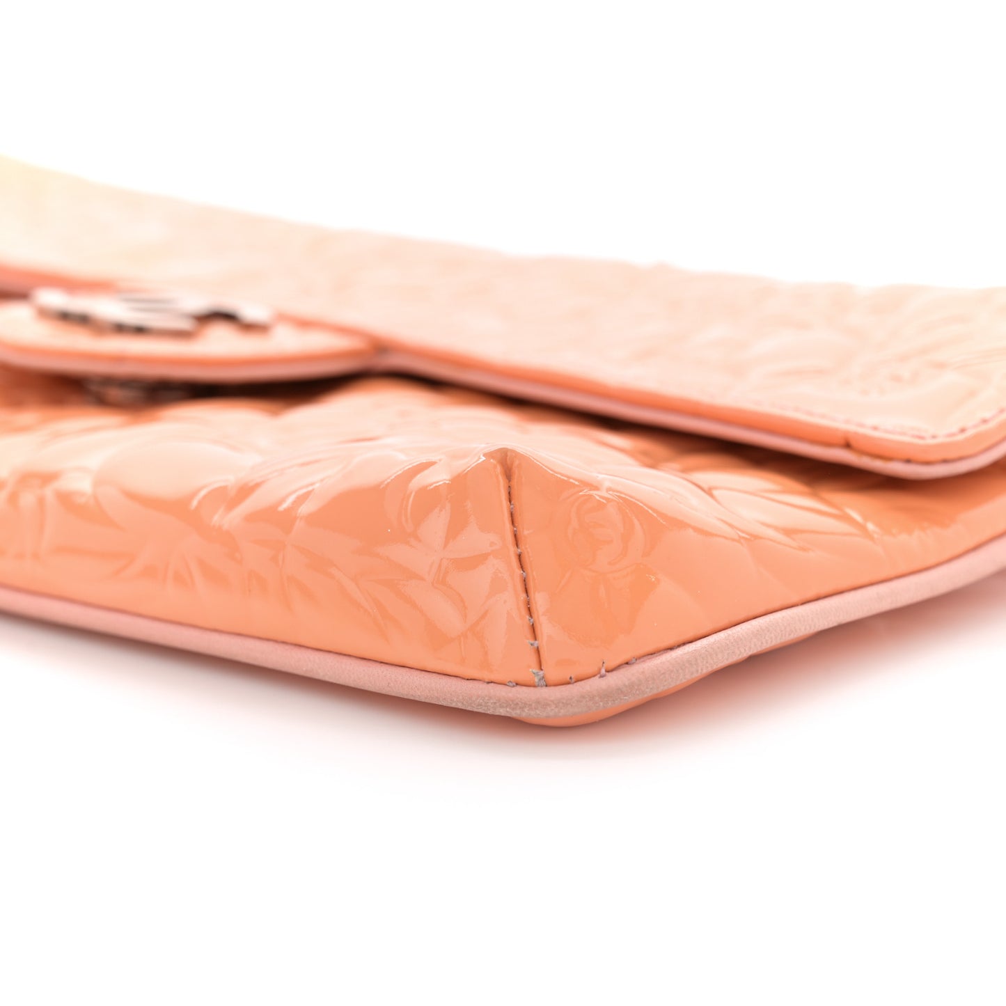 Patent Calfskin Camellia Embossed Flap Pochette Pink